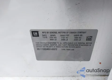 2016 Chevrolet Impala 2Lt from USA, damaged, VIN 2G1115S34G9143872